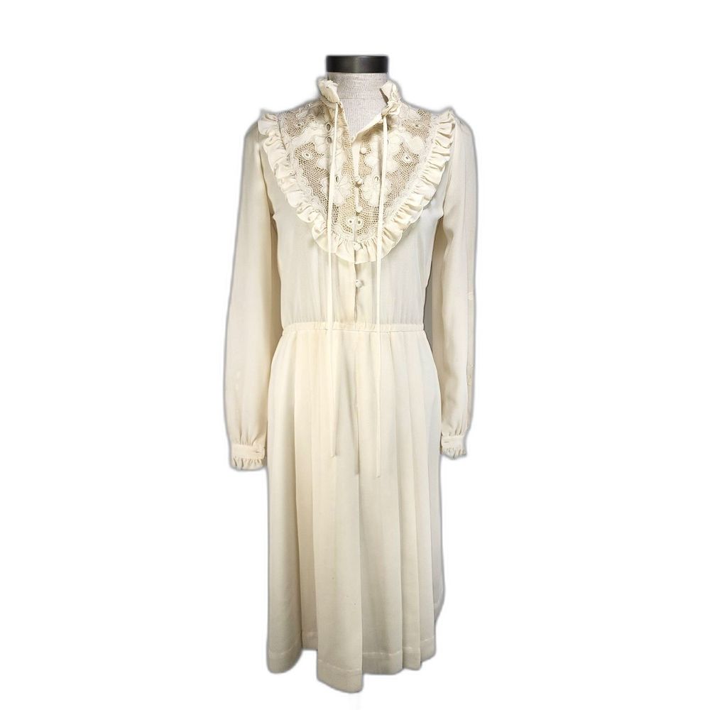 Vintage 70's Women's Beige Dress Pleated & Ruffled